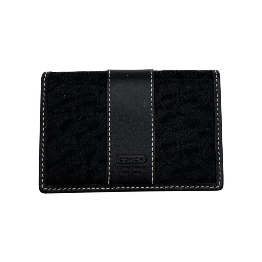 Coach Signature Jacquard Bifold Card Case Wallet Black Leather Compact